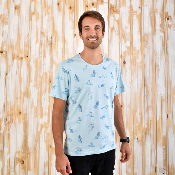 Remera Aves del Plata™ Estampada Hawaii , Palmeras, Surf,Celeste