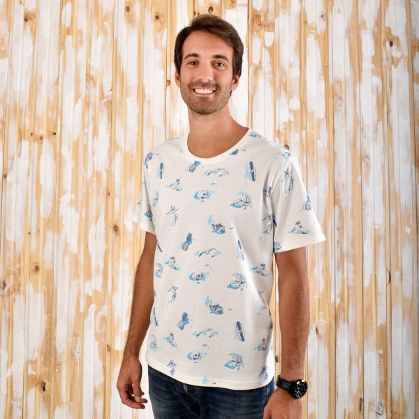 Remera Aves del Plata™ Estampada Hawaii, Palmeras, Surf, Blanco