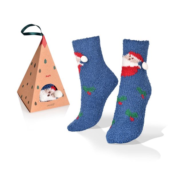 Medias de Navidad Santa Claus en fondo azul caja triangular